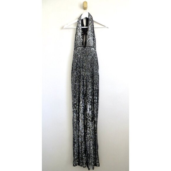 NEW! Anthropologie Maeve Sequin Halter Jumpsuit Carbon Black Silver SZ 10 - Picture 8 of 14